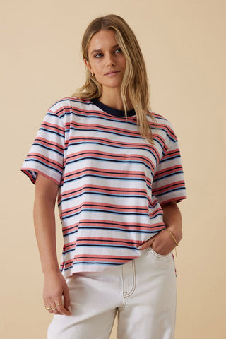 Stevie Slouchy Tee - Washed Coral/Navy Stripe