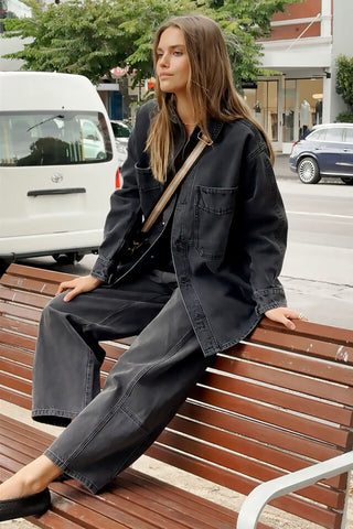 Denim Side Pocket Shacket -Washed Black