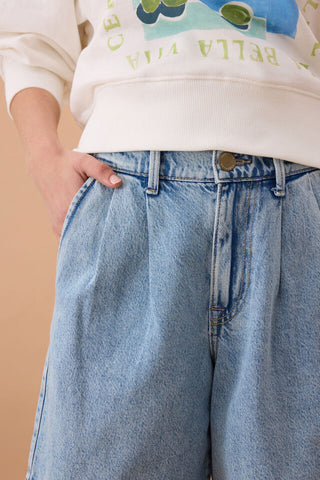 Sylvie Longline Pleat Denim Short - Vintage Blue