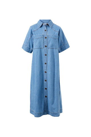 Short Sleeve Yoke Detail Midi Dress - Vintage Blue