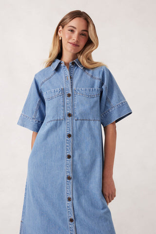 Short Sleeve Yoke Detail Midi Dress - Vintage Blue
