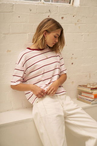 Brea Boxy Tee - Pink/Mulberry Stripe