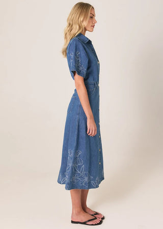Slone Embroidered Denim Dress - Mid Blue Denim