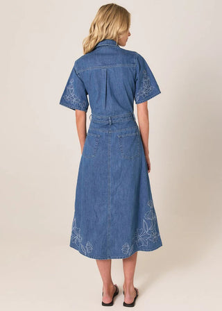 Slone Embroidered Denim Dress - Mid Blue Denim