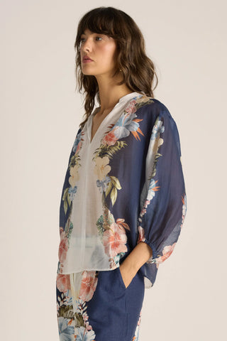 Solara Split Neck Blouse - Floral Navy