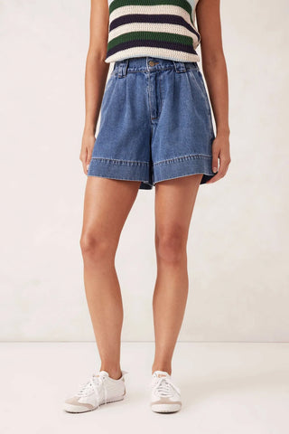 Billie Pleated Front Short - Washed Indigo