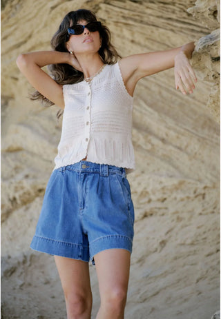 Billie Pleated Front Short - Washed Indigo