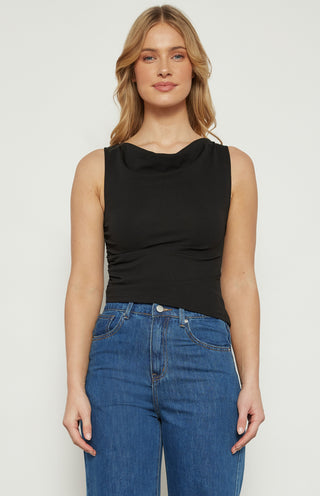 Cowl Neck Asymmetric Neckline Jersey Top - BLACK