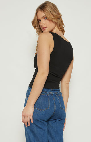 Cowl Neck Asymmetric Neckline Jersey Top - BLACK